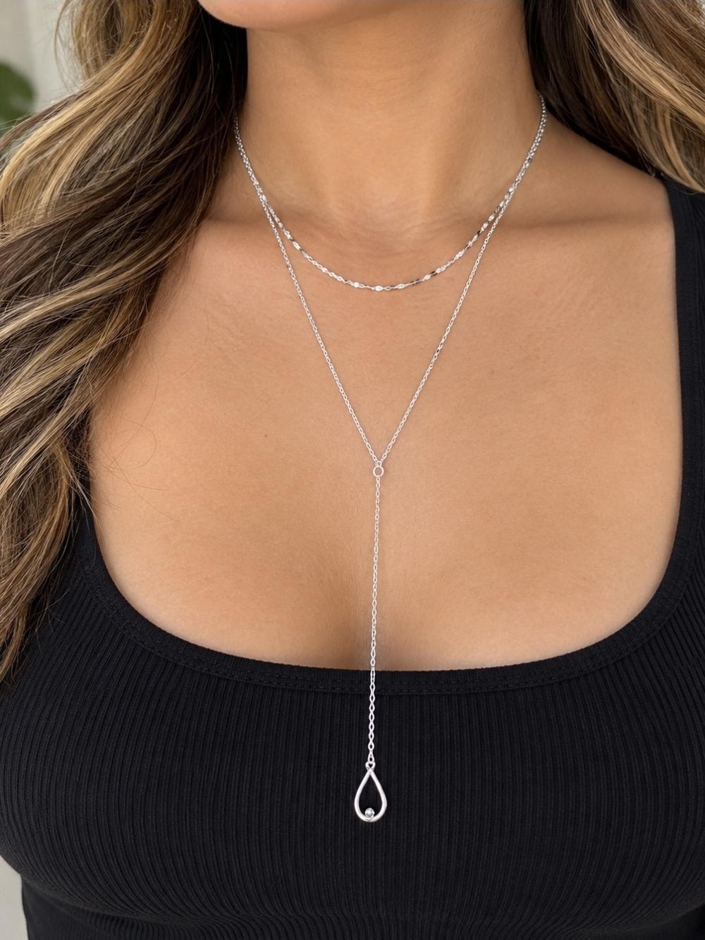 Elegant Silver-tone Layered Teardrop Lariat Necklace